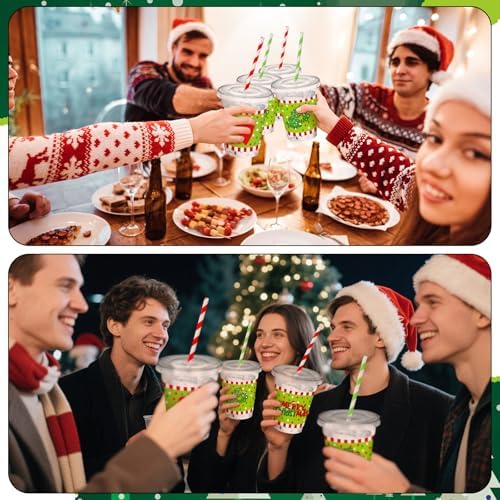 Jingmore 50 Pcs Merry Christmas Plastic Clear Cups with Lids and Straws