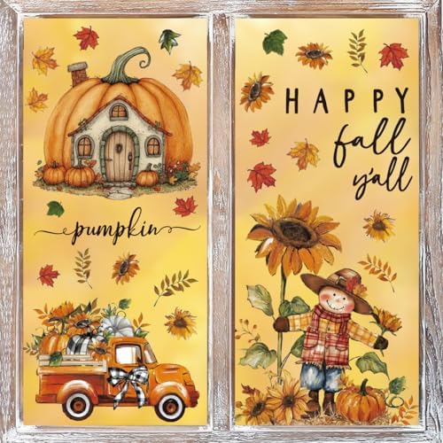 Horaldaily 36Pcs Fall Thanksgiving Window Clings, Scarecrow Sunflower Pumpkin