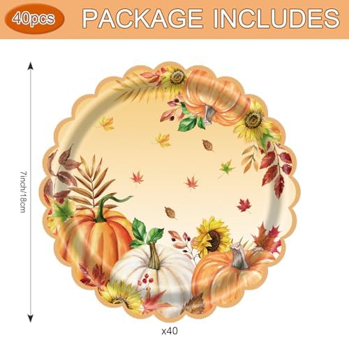 7 Inch Fall Paper Plates Disposable 40 Count Thanksgiving Pumpkin Party Plates, Heavy Duty Scalloped Dessert Plates for Autumn Party Supplies & Holiday Dinner Decorations
