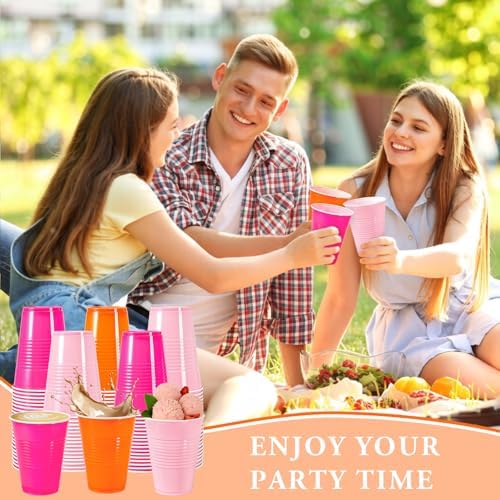 JarThenaAMCS 150Pcs Pink and Orange Plastic Cups 16Oz Bulk Hot & Light Pink Orange Disposable Party Cups for Summer Tequila Sunrise Sunset Birthday Graduation Theme Party Supplies Decorations