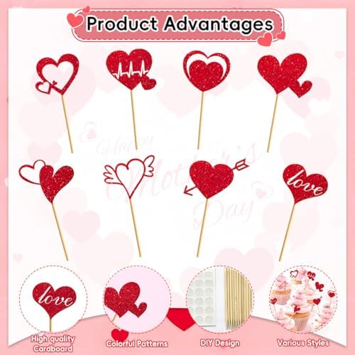 24Pcs Valentine's Day Cupcake Toppers, Glitter Red Heart Cake Decorations
