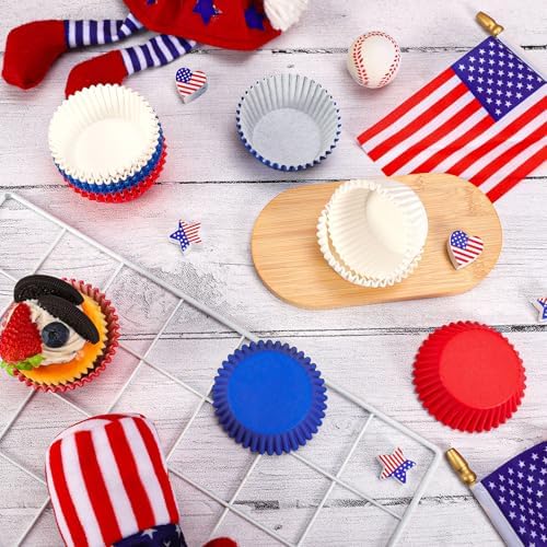 Whaline 300Pcs Patriotic Cupcake Liners 4th of July Blue Red White Standard Muffin Cupcake Wrappers Disposable Baking Cups for 250th Anniversary Independence Day Birthday Party Supplies Table Decor