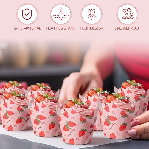 Maxdot 200 Pcs Strawberry Tulip Cupcake Liners for Baking Red Pink Strawberry Flower Paper Muffin Baking Cups Summer Fruit Theme Tulip Muffin Liners Wrappers for Baby Shower Wedding Birthday Party