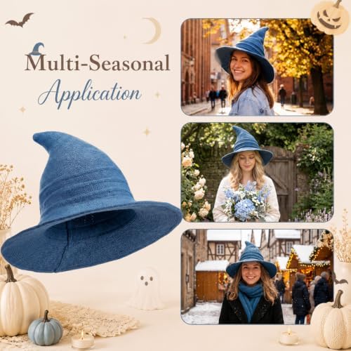 Boyiee Knitted Witch Hat Foldable Wide Brim Cap Pointed Felt Hat for Women Halloween Cosplay Costume Masquerade Accessory