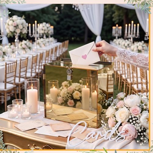 BreezeHug 10" Gold Acrylic Wedding Card Box with Lock & 3D Letters