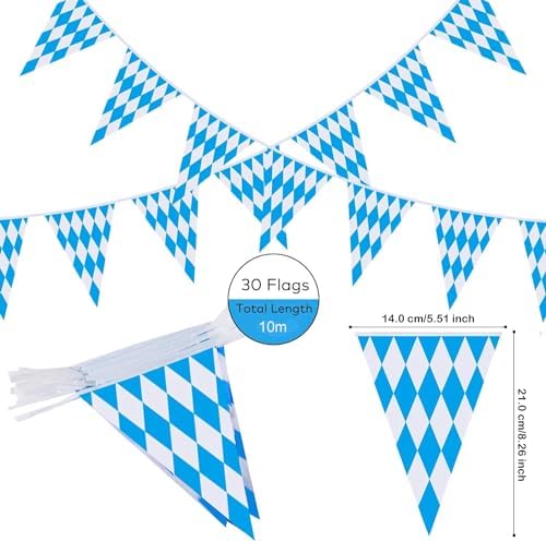 Ahfulife 32.8 Feet Oktoberfest Bavarian Flag Banner for Oktoberfest Decorations, Oktoberfest Pennant Banner with 30 Pcs Flags for German Themed Autumn Party Decoration (5.5" x 8.2")