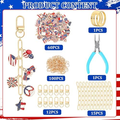 AUGSUN 189 Pcs 4th of July Keychain Making Kit Patriotic DIY Keychain Craft