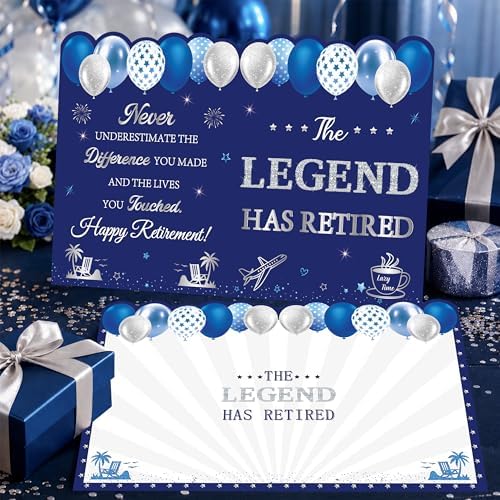 WNINK Blue Silver Retirement Card for Men Women, Jumbo Happy Retirement Guest Book Card with Envelope, Large Farewell Signing Card, The Legend Has Retired Party Decorations Gift