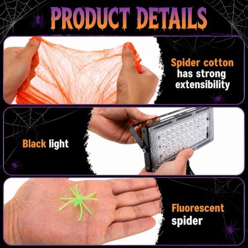 1100 Sqft Halloween Glow Orange Stretch Cobweb with Glow Spiders and Light