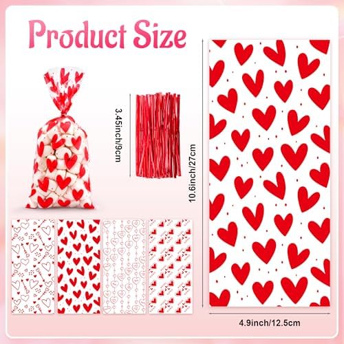 Valentines Cellophane Bags, Valentines Gift Bag, Valentine Treat Bags, Plastic Clear Red Valentine's Candy Cookie Goodie Snack Bag with Twist Ties for Valentines Day Wedding Party Favor Supplies,50 Pcs