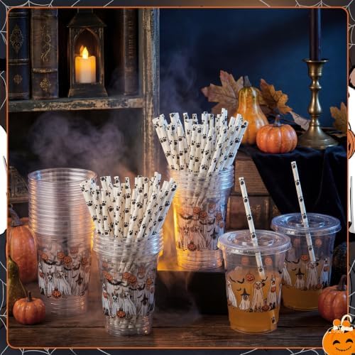 FillTouch 50 Pcs Halloween Dog Ghost Cups 16 oz with Lids Straws