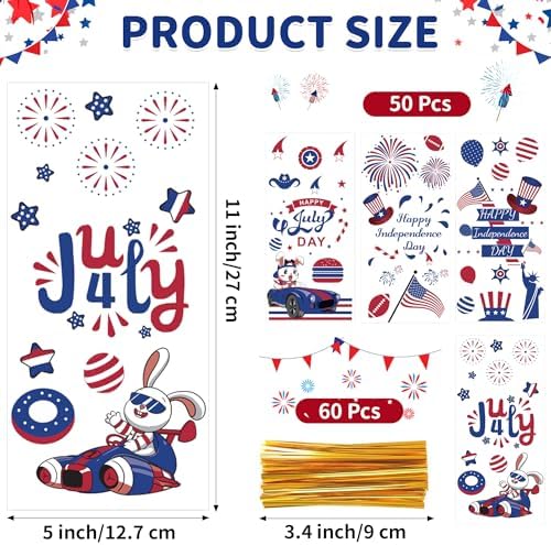 QOIUSO 50 Pcs 4th of July Cellophane Treat Bags - Patriotic Candy Goodie Bags with Gold Twist Ties - Clear Independence Day Party Favor Bags for Cookies, Snacks, Gift Packaging Supplies