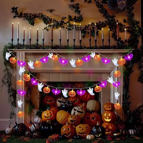 2 Pack Halloween Lights Indoor Outdoor Decorations Total 40FT 60 LED Pumpkin Bat Ghost Halloween String Lights Battery Operated, 8 Modes Waterproof Spooky Fairy Lights Home Yard Window Outside Decor