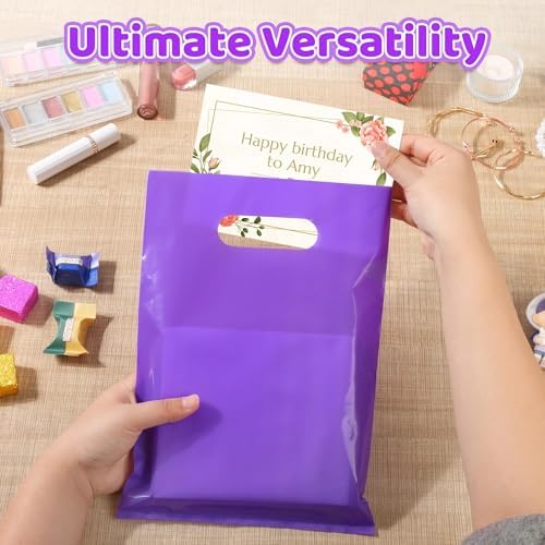 VieFantaisie 50 PCS Purple Party Favor Bags, 8" x 11" Goodie Bags for Candy Treat Craft Easter Egg, Plastic Gift Bag with Die Cut Handles for Birthday Party, School Events & Small Business, Wedding