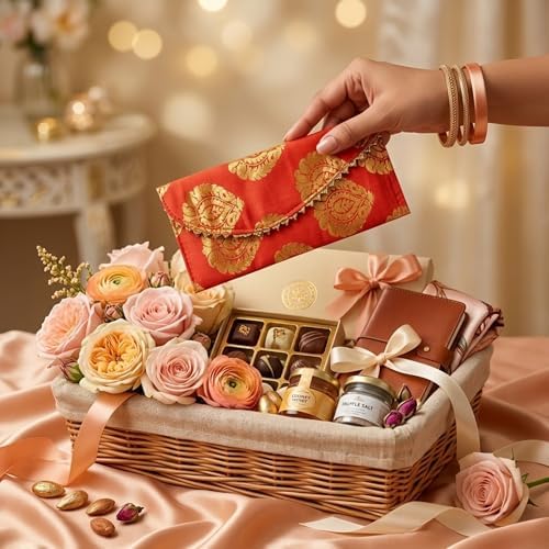 LoveNspire Brocade Fabric Money Envelopes (8 x 4 Inch) Decorative Floral Pattern Shagun Lifafa for Indian Wedding, Birthday | Cash Gift Holder & Home Savings Organizer Orange/Pack of 20