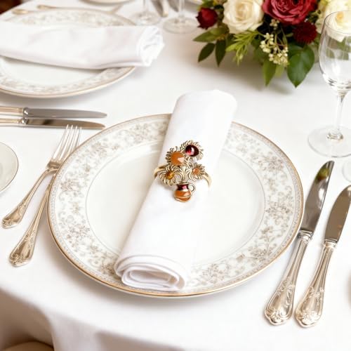 Alloy Enamel Floral Napkin Rings (8-Set Pack) - Plate-Matched Dinner Napkin Holder & Festive Tabletop Topper for Holiday Place Settings