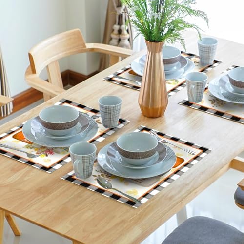 Fall Placemats Set of 4 18x12 Inch Autumn Flower Leaf Linen Place Mats Heat-Resistant Washable Wipeable Buffalo Check Plaid Table Mat for Party Kitchen Dining Room Dinner Decor