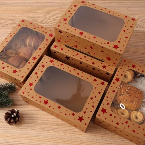 Christmas Brown Holiday Cookie Boxes, Red Star, 24 Pack, 9x6x3 In