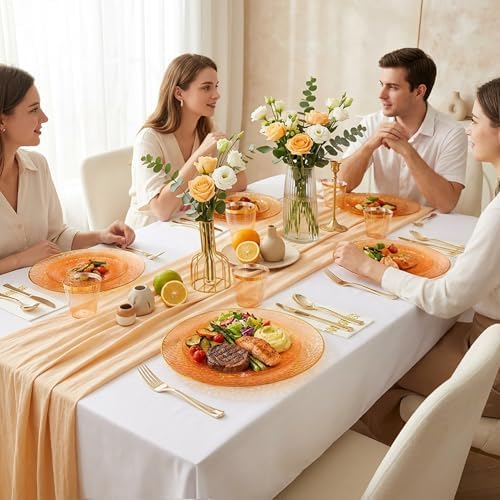 Rubtlamp 350 Pcs Plastic Dinnerware Set (50 Guests), Orange And Gold Plastic Plates, Hammered Party Plates Set Include Dinner Plates, Dessert Plates, Cups&Cutlery Set And Napkins for Wedding And Party
