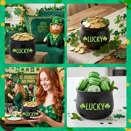 St Patrick’s Day Candy Dish Cauldron - Pot O’ Gold Mini Ceramic Bowl Snack Serving Tiered Tray Decoration (Green Lucky)