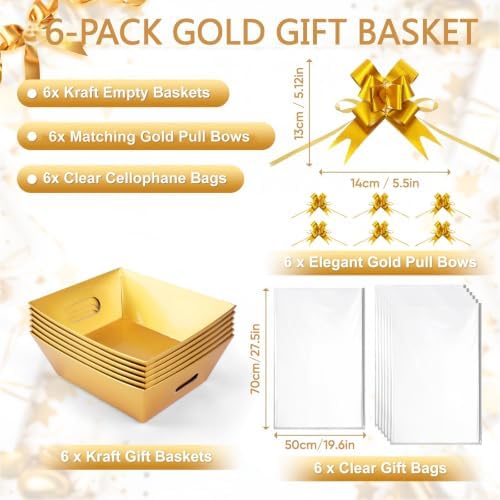 AFOROEOA 6 Pack Gold Baskets For Gifts Empty, 10x8" Thick Paper Basket with 6 Clear Bags and 6 Gold Bows, Empty Gift Baskets for Christmas Valentine Easter Birthday Anniversary Luxury Wrapping
