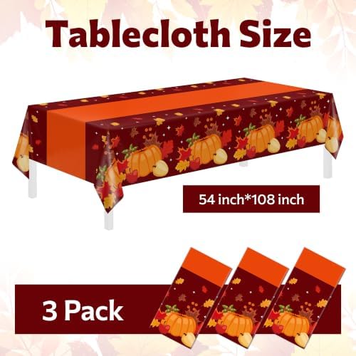 Childom Thanksgiving Tablecloth,3 Pack Disposable Plastic Tablecloth 54x108 Inch Thanksgiving Decorations,Pumpkin Maple Leaf Party Table Cover for Home Table Decor,Birthday Party Supplies