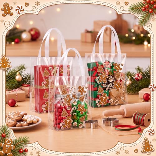 Pajean 25 Pcs Christmas Plastic Gift Bags with Handles, Gingerbread Pouches