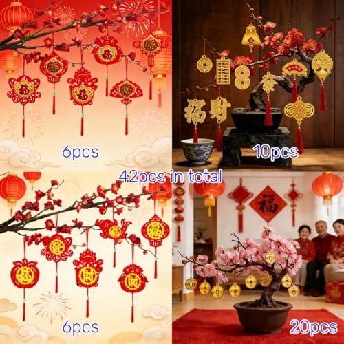 KYMY Chinese New Year Hanging Ornaments Set – 42pcs Red & Gold Lucky Decorations with Coins, Fu Charms & Lanterns, 2026 Zodiac Horse Year Spring Festival Pendants for Tree, Branch & Home Decor