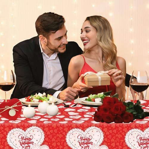 Valentines Day Tablecloth, Classic Red and White Lace-Heart Plastic Rectangle Disposable Valentine Tablecloth, Valentines Decorations for Party, Romantic Valentines Decor 54 x 108 Inch, 3 Pack