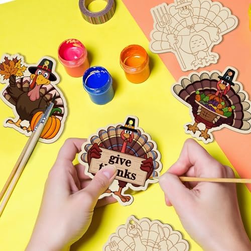 36PCS Wooden Thanksgiving Decoration Turkey Ornaments to Paint Thanksgiving Ornaments for Tree Crafts Cutouts Unfinished, DIY Blank Fall Unfinished Turkey Pumpkin Ornament for Home Harvest Hanging