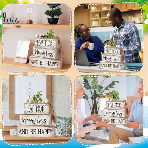 Moucuny 4 Pcs Inspirational Farmhouse Table Decor Rustic Stacked Wooden Block Sign - Live More Worry Less Be Happy Centerpieces Set with Beaded Tassel and Artificial Plant for Home, Office, Shelf Gift