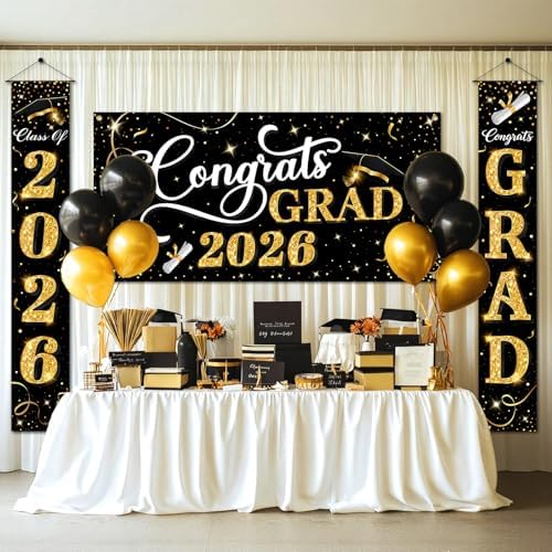 Class of 2026 Graduation Decorations, 3 Pcs Black Gold Congrats Grad Banner and Backdrop Set with 1 Photo Backdrop and 2 Hanging Banners for Indoor Outdoor Party Decor