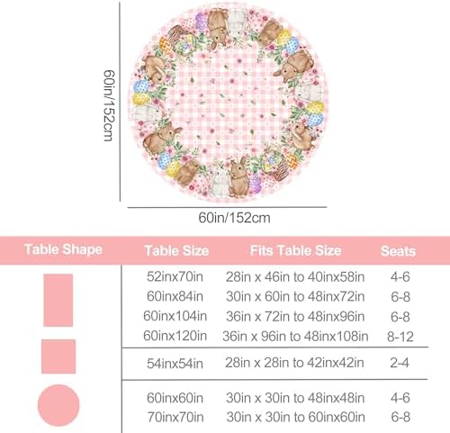 Easter Tablecloth 60 Inch Round, Easter Rabbits Decorations for Home Table Cloth, Pink Buffalo Plaid and Flowers Decor Tablecloths Polyester for Picnic Party Dinner