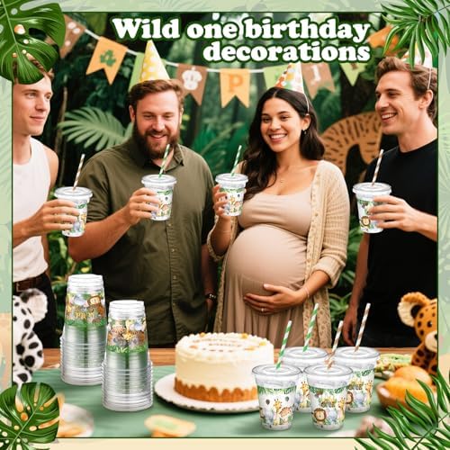Jingmore 50 Pcs Wild One Plastic Disposable Clear Cups with Lids and Straws