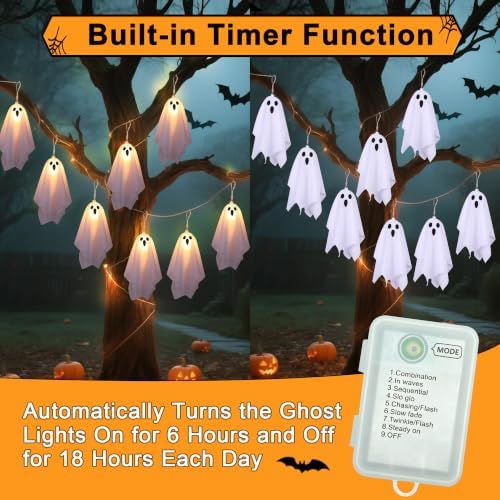 Halloween Lights Outdoor Indoor 10FT 10 LED 3D Ghost Lights Halloween String Lights Battery Operated Ghost Garland with Lights, Halloween Decorations for Mantle Fireplace Porch Yard Window Party Decor