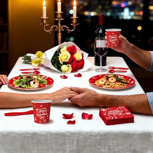 112 PCS Valentines Day Tableware Set Galentine Disposable with Plates, Cups, Napkin, Knives, Forks, Spoons - Valentine’s Day Party Supplies for Wedding,Anniversary, Birthday, Gathering,Serves 16
