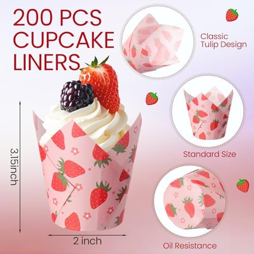 Maxdot 200 Pcs Strawberry Tulip Cupcake Liners for Baking Red Pink Strawberry Flower Paper Muffin Baking Cups Summer Fruit Theme Tulip Muffin Liners Wrappers for Baby Shower Wedding Birthday Party