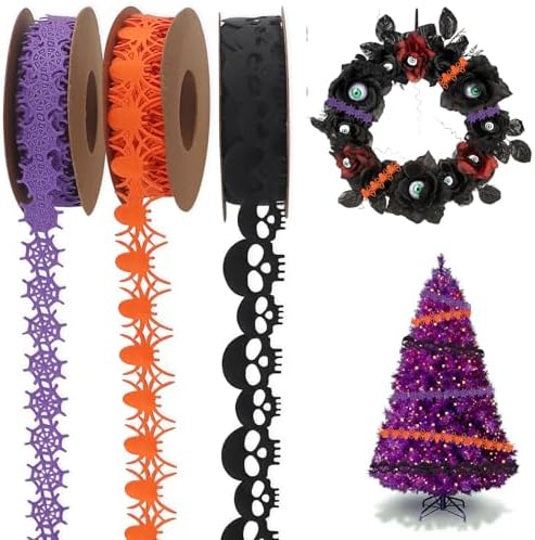 Threetols 3 Rolls 15 Yards Halloween Ribbons, Black Purple Orange Skull Spider Web Shape Craft Trim Embellishment for Gift Wrapping Party Decoration