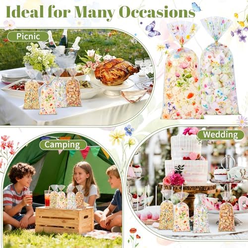 QOIUSO 50 PCS Wildflower Party Cellophane Treat Bags - 4.9 x 10.8 Inch Plastic Floral Party Favor Bags with Twist Ties - Clear Candy & Cookie Gift Bags for Baby Shower, Bridal, Wedding, Birthday
