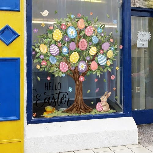 6 Sheets Extra Large Easter Egg Tree Window Clings 31.5 Inch for Kids Home School Office Classroom Party Supplies