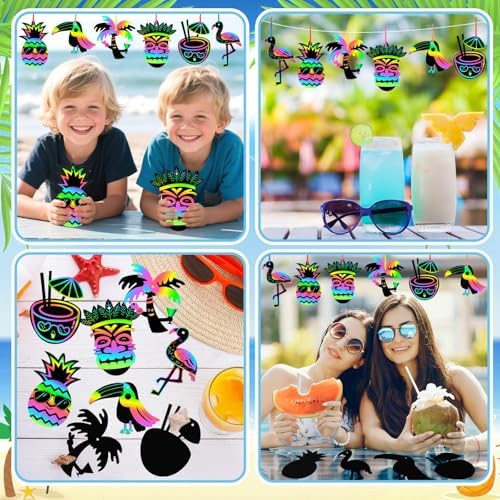 JULMELON 36PCS Luau Crafts for Kids, Rainbow Scratch Art Hawaiian Party