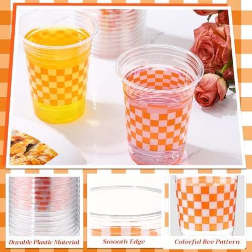 100 Pcs 16 oz Disposable Gingham Party Cups Orange Checkered