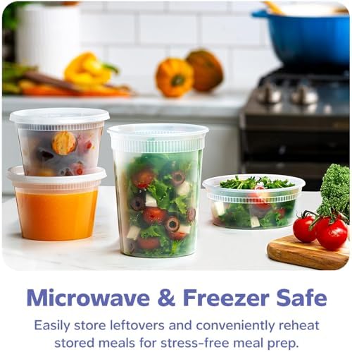 GUSTO Plastic Food Storage Deli Containers with Lids [48 Sets] 8, 16, 32 oz