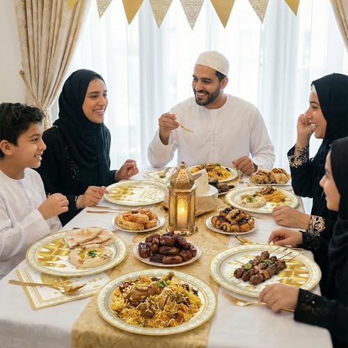 Dereinwo 50 Pcs Ramadan Eid Mubarak Paper Plates and Napkins Set