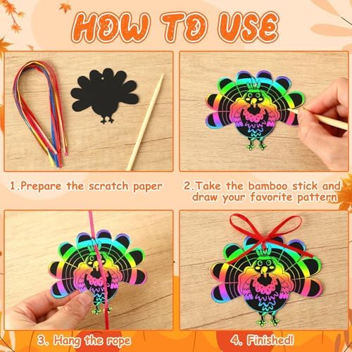 AUGSUN 96Pcs Turkey Scratch Art Paper Thanksgiving Fall Crafts for Kids