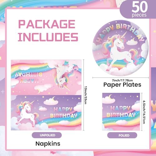 50Pcs Unicorn Birthday Plates and Napkins Party Supplies, Disposable Pastel Rainbow Paper Plates Napkins Tableware Set for Unicorn Birthday Party Decorations