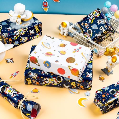 Yarcony Space Wrapping Paper Roll, Birthday Wrapping Paper for Boys, Navy Blue Astronaut Gift Wrap for Kids Birthday Outer Space Party Decor RocketShip Wrap Galaxy Planets Stars (30 Inch X 33 Feet)