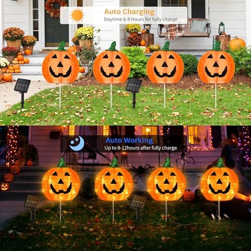 BRIGHTDECK Halloween Solar Pathway Lights Outdoor, LED Decor, Light Up Solar Stake Lights for Holiday, Halloween, Walkway, Sidewalk (Foldable Pumpkin, 4-Pack)
