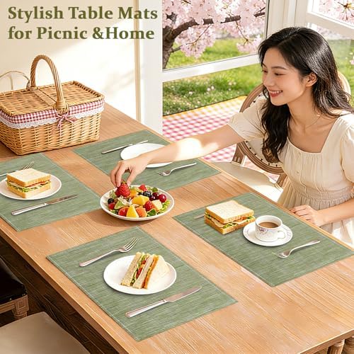 Bloss Green Placemats Set of 6-12x18 Inch Washable Easy to Clean Table Mats