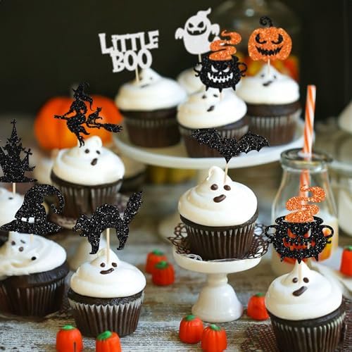 Gyufise 36Pcs Halloween Cupcake Toppers Glitter Bat Little Boo Pumpkin Cupcake Picks Witch Hat Spooky Ghost Castle Cat Cake Decorations for Halloween Theme Baby Shower Kids Birthday Party Supplies